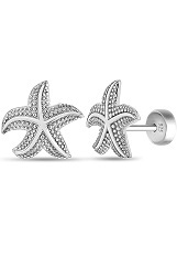 fine safety push back starfish silver baby earrings